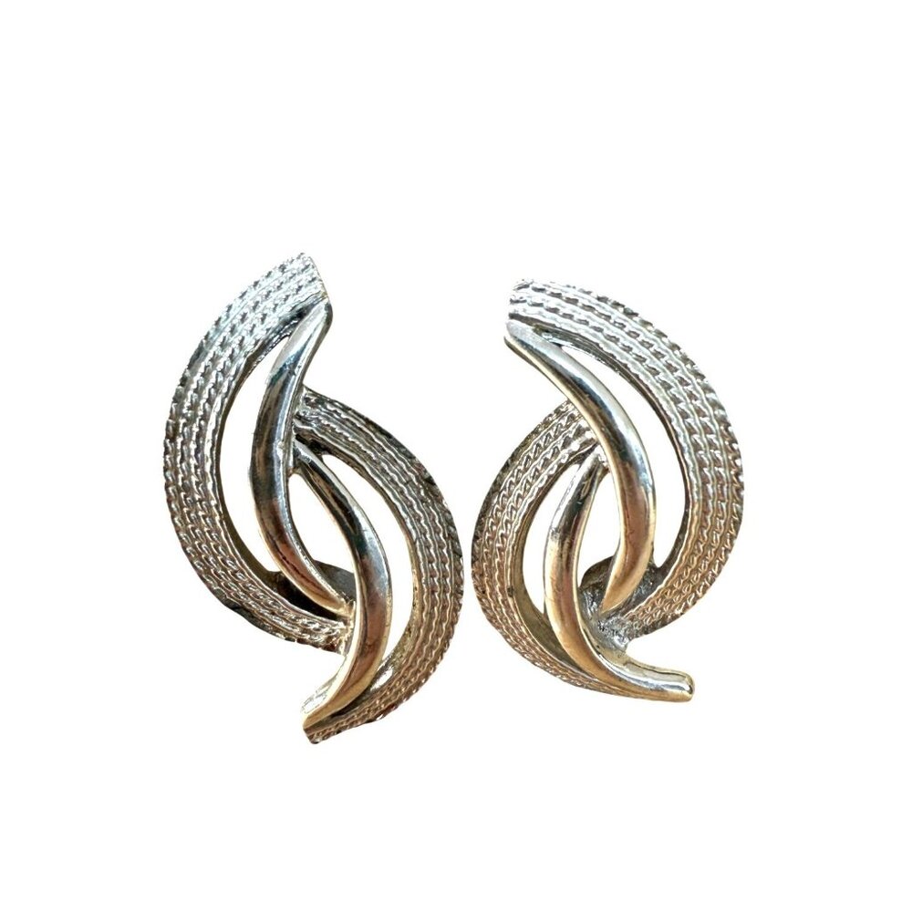 Vintage Mid-Century Modern Silver Tone Textured Swirl‎ Clip On Earrings Coro